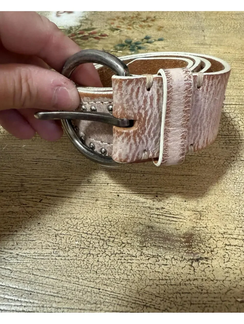 The Limited Light Pink Destressed Studded Belt Sz.S